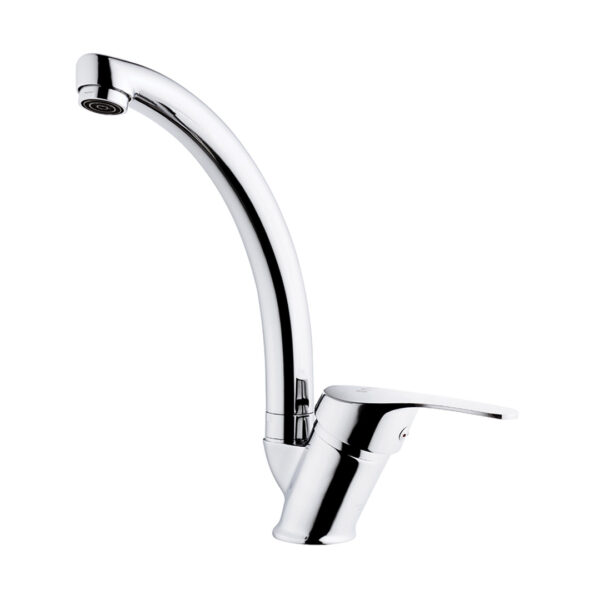 "Sleek chrome-finished faucet with a modern design, providing efficient water flow and easy-to-use single handle."