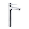 "Sleek chrome-finished faucet with a modern design, providing efficient water flow and easy-to-use single handle."