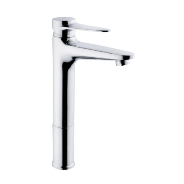 "Sleek chrome-finished faucet with a modern design, providing efficient water flow and easy-to-use single handle."