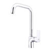 "Sleek chrome-finished faucet with a modern design, providing efficient water flow and easy-to-use single handle."