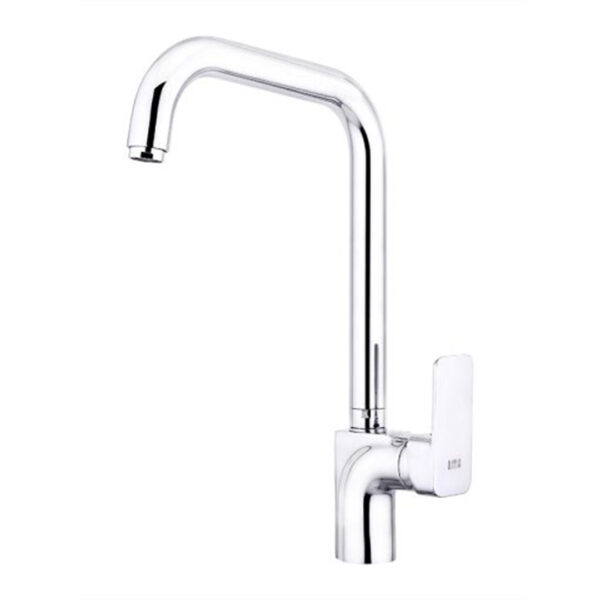 "Sleek chrome-finished faucet with a modern design, providing efficient water flow and easy-to-use single handle."