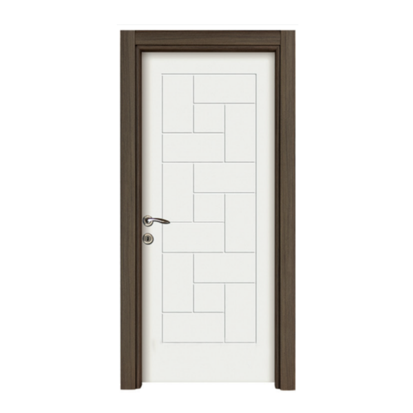 Elegant Kiremit interior door featuring modern white geometric glass design and contrasting wooden frame for contemporary home decor.