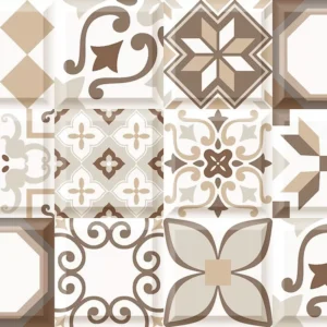 Collection of patterned ceramic tiles in earthy beige tones