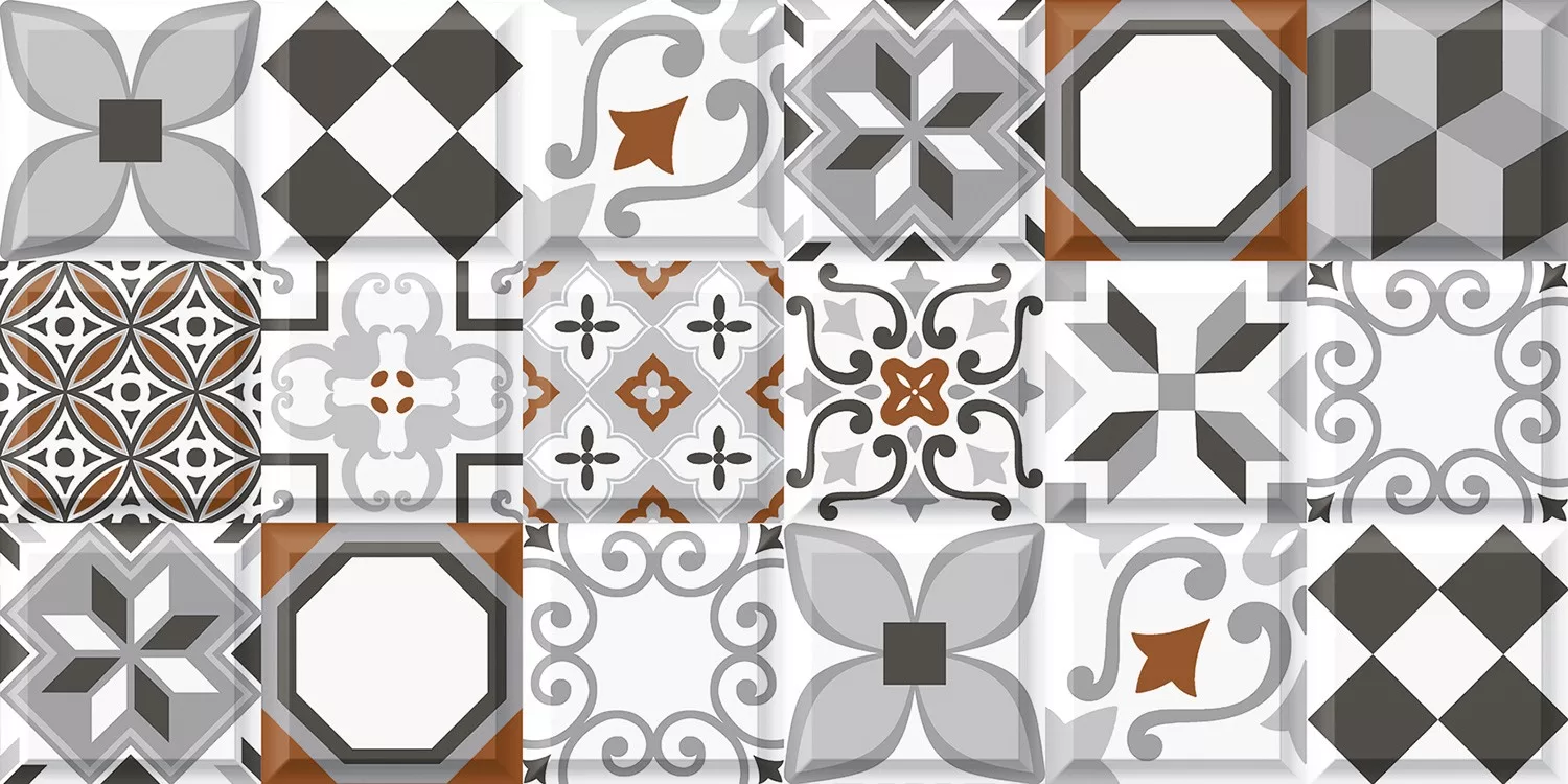 Collection of patterned ceramic tiles in earthy beige tones