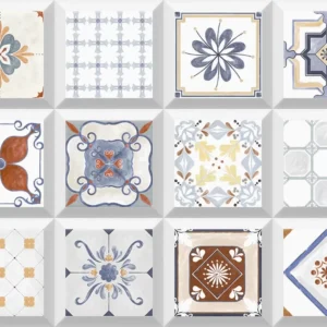 Collection of patterned ceramic tiles in earthy beige tones