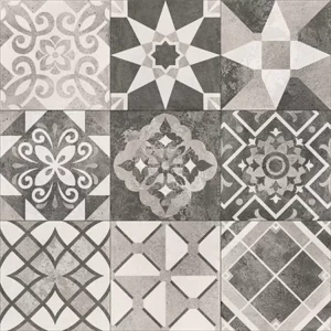 Assorted patterned gray decorative tiles