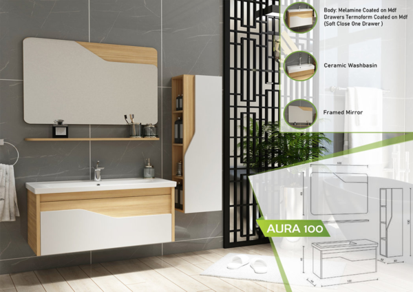 Modern Aura 100 vanity set featuring a smooth melamine coat, wood details, soft-close drawer, sleek ceramic basin, and a distinctive framed mirror.