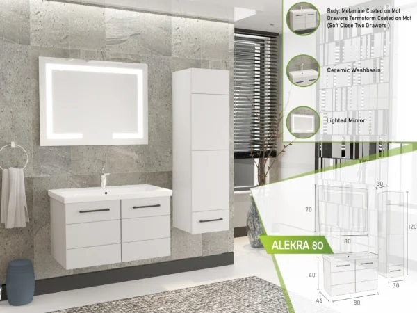 Sleek white Alekra 80 bathroom vanity set with lighted mirror and ceramic washbasin.