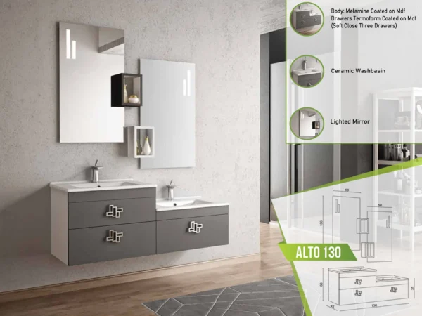 Contemporary ALTO 130 bathroom vanity set featuring dual ceramic basins, soft close drawers, and a sleek lighted mirror.