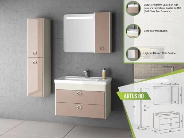 Wall-mounted taupe bathroom vanity with two soft-close drawers and thermoform-coated MDF, next to a ceramic washbasin and a lighted mirror with an integrated cabinet.