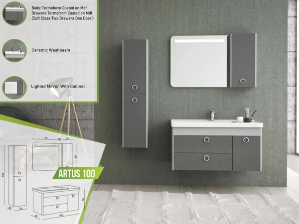 Modern Artus 100 gray bathroom vanity set with two drawers and one door, ceramic washbasin, and a lighted mirror with an attached side cabinet.