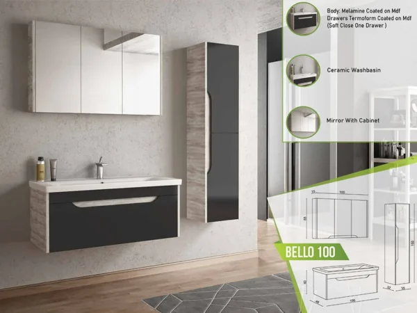 Sleek Bello 100 bathroom vanity with melamine-coated body, soft-close termoform drawer, ceramic washbasin, and mirrored cabinet.