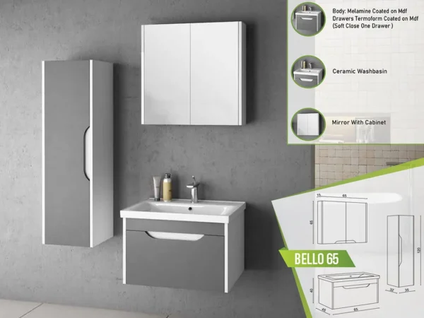 Modern Bello 65 bathroom vanity set featuring a melamine-coated MDF body, soft-close drawers, a ceramic washbasin, and a mirrored cabinet.