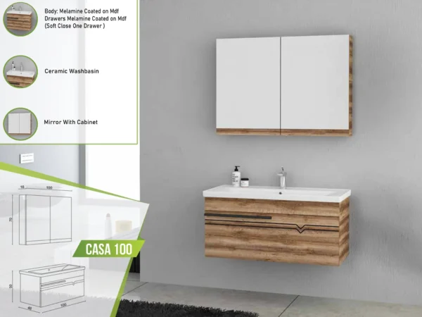 Casa 100 modern bathroom vanity set with natural wood design, ceramic basin, and mirrored wall cabinet.