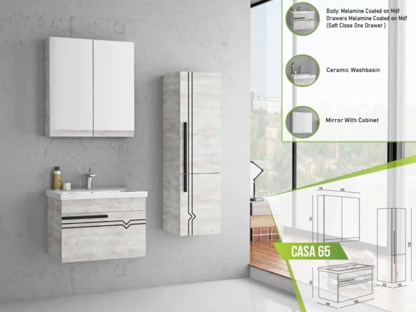 Contemporary Casa 65 bathroom set with melamine finish, soft-close drawers, ceramic basin, and a mirrored cabinet.