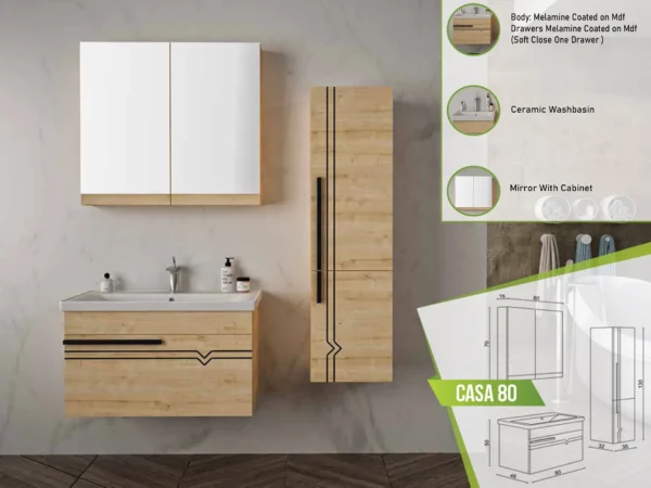 Casa 80 bathroom set with natural wood finishes and melamine-coated cabinets, featuring a ceramic washbasin and mirrored cabinet.