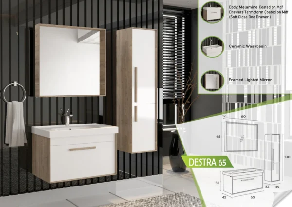 Destra 65 modern bathroom set with natural wood framing, white cabinets, ceramic washbasin, and framed lighted mirror.