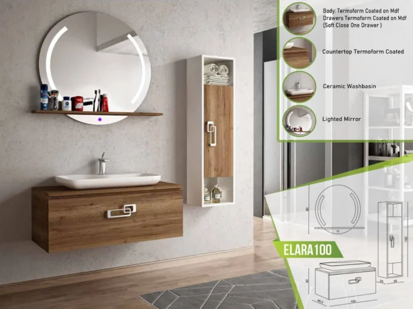 Natural wood-finish Elara 100 vanity with a ceramic basin and a round lighted mirror with an integrated shelf.