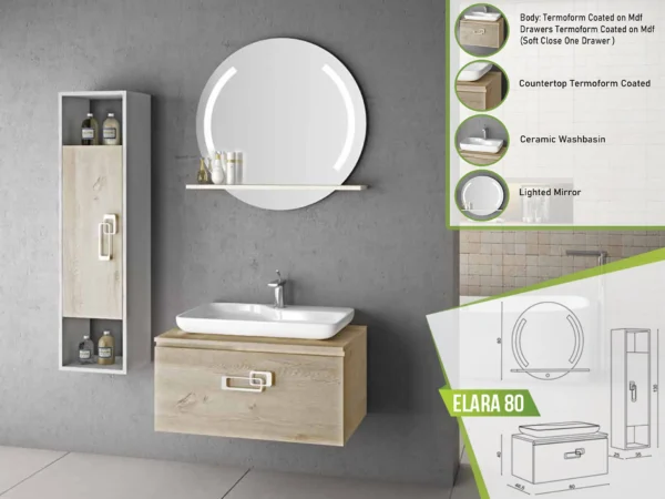 Elara 80 bathroom set with a wood-finish vanity, ceramic basin, and round lighted mirror, complemented by a tall storage cabinet.