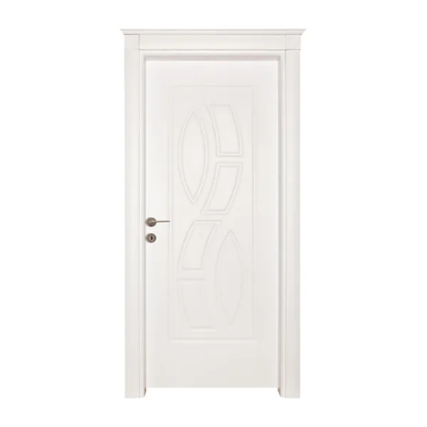 Elegant white wooden door showcasing abstract geometric carvings that evoke a filmstrip motif.