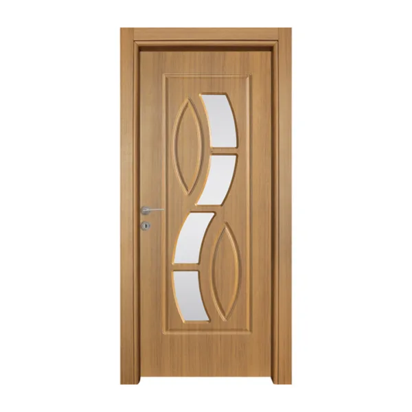 Contemporary wooden door with elegant glass features shaped in a dynamic, cinematic filmstrip design.