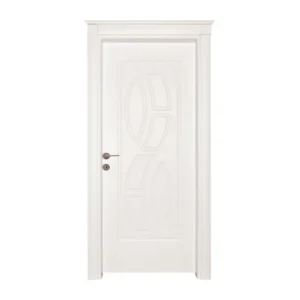 Elegant white wooden door showcasing abstract geometric carvings that evoke a filmstrip motif.