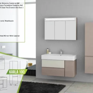 Stylish Karla 100 bathroom vanity set with beige and white color scheme, soft-close drawers, a ceramic basin, and a lighted mirror with cabinet.