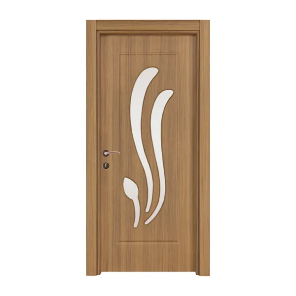 A warm walnut-finished door showcasing an abstract tulip-shaped glass design for a natural artistic touch.