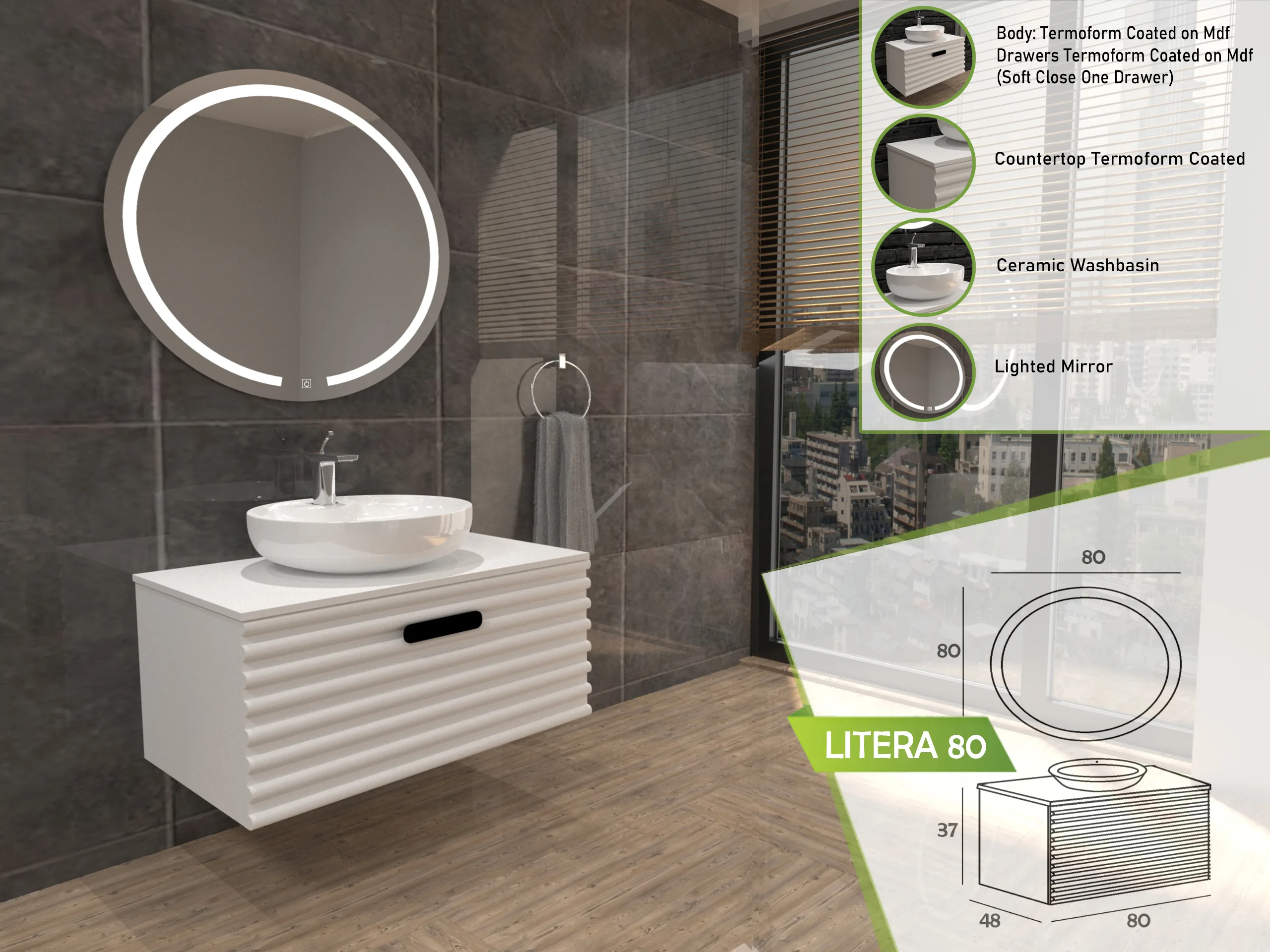 Elegant LITERA 80 bathroom vanity with a circular lighted mirror and vessel sink.