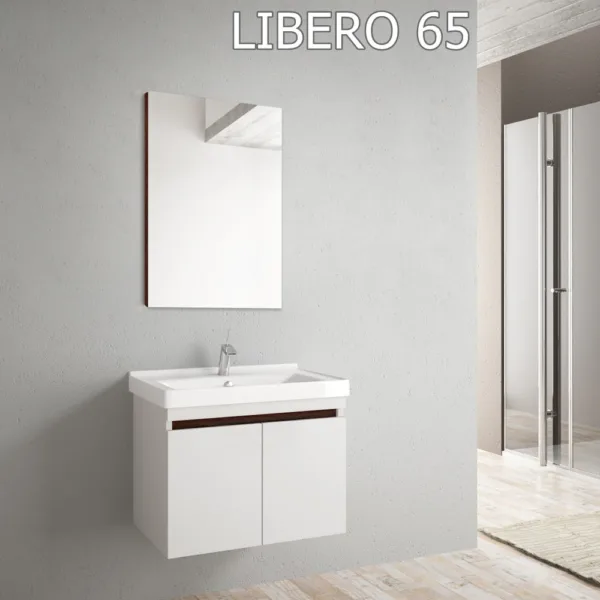 Libero 80 wall-mounted bathroom cabinet set with a minimalist white finish and golden handles.