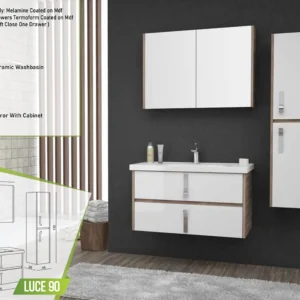 Elegant Luce 90 bathroom vanity set with ceramic washbasin and sleek mirrored cabinet.