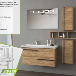 Modern LUCINA 100 bathroom vanity set with natural wood finish and sleek black handles, featuring a ceramic basin and a lighted mirror.