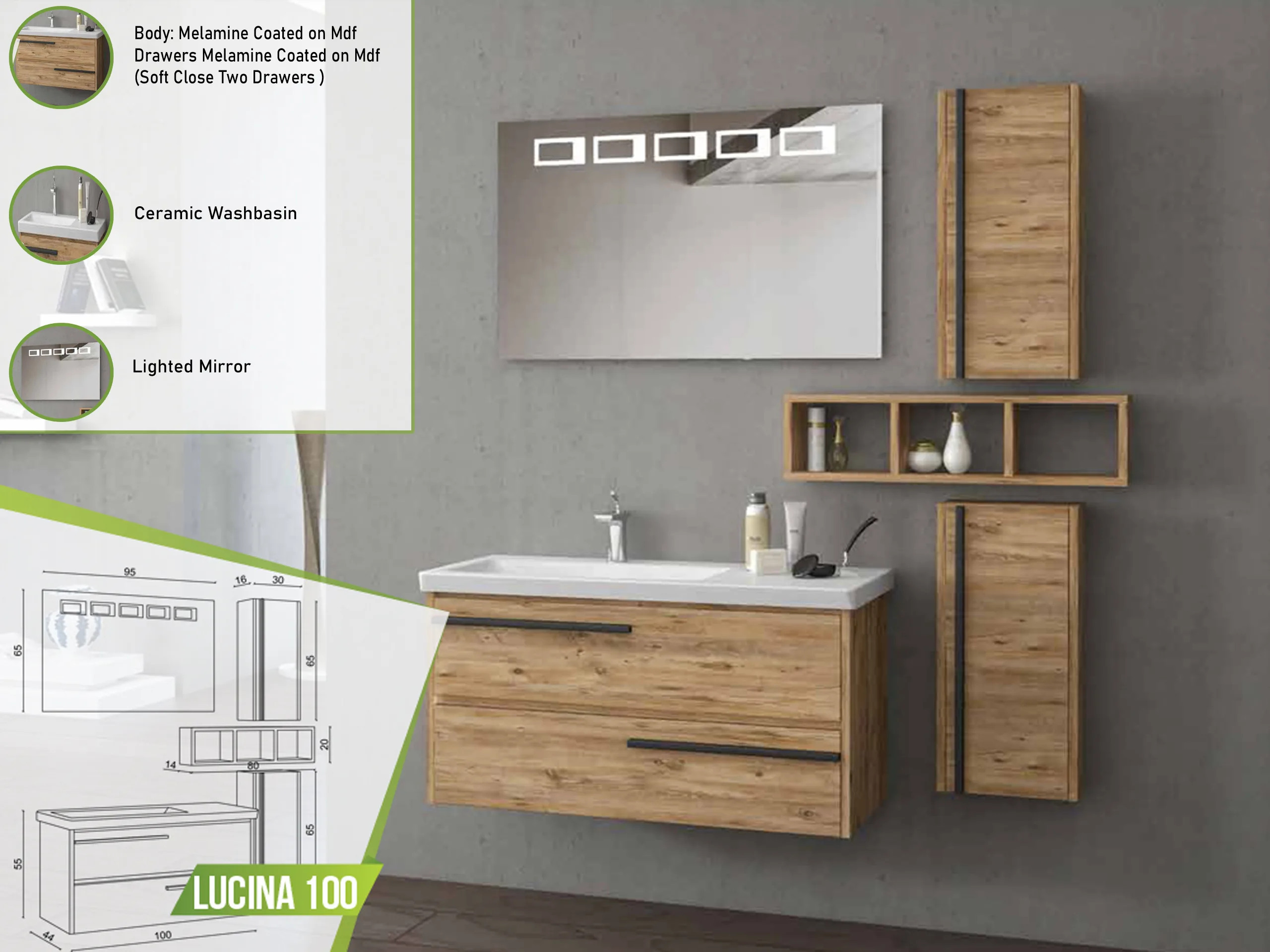 Modern LUCINA 100 bathroom vanity set with natural wood finish and sleek black handles, featuring a ceramic basin and a lighted mirror.