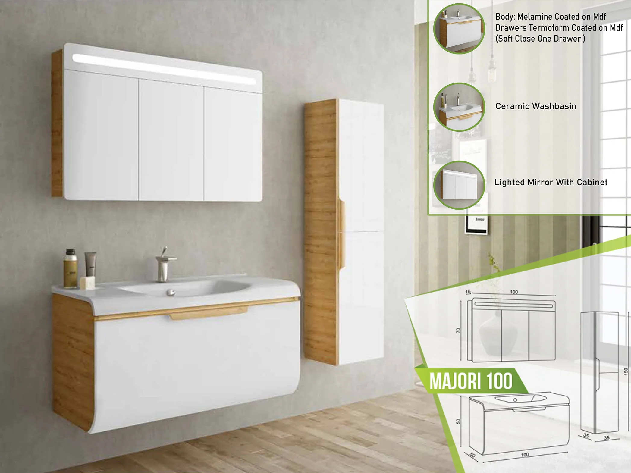 Sophisticated Majori 100 vanity set with white melamine finish, wood detail, soft-close drawer, ceramic washbasin, and lighted mirror cabinet.