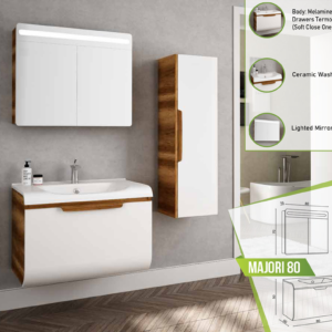 Majori 80 bathroom vanity with sleek design, featuring a ceramic basin and a mirrored cabinet with illumination.