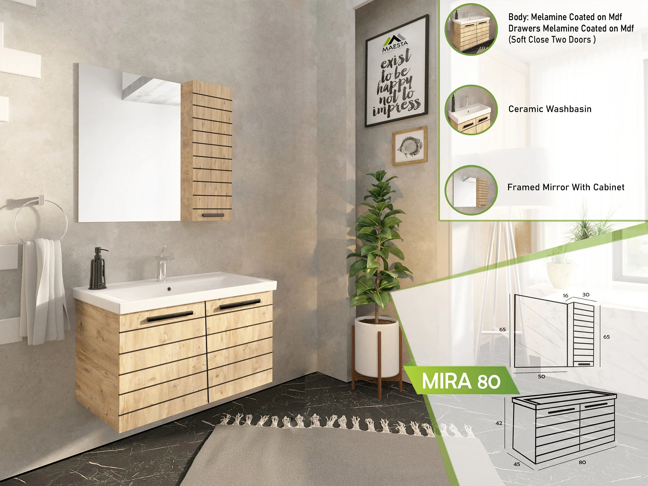 Mira 80 bathroom vanity set with natural wood drawers and a ceramic washbasin, next to a tall storage unit and framed mirror.