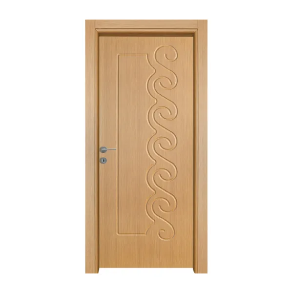 A warm wooden interior door featuring an elegant, wavy line relief design reminiscent of ocean waves.