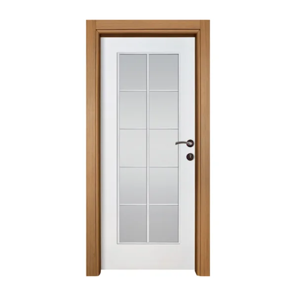 A contemporary On Göz Glass interior door featuring multiple glass panels set within a white door, framed by a warm wooden trim for a modern look