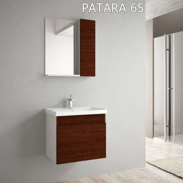 Compact Patara 65 wall-mounted bathroom vanity with dark wood finish and white sink.