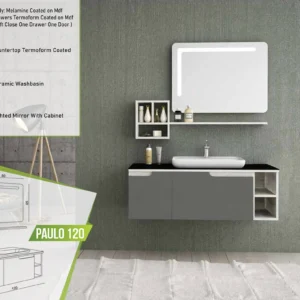 Modern Paulo 120 bathroom vanity with melamine finish, open shelving, soft-close drawer, ceramic washbasin, and lighted mirror with cabinet.