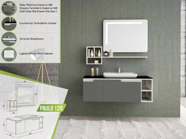 Modern Paulo 120 bathroom vanity with melamine finish, open shelving, soft-close drawer, ceramic washbasin, and lighted mirror with cabinet.