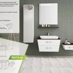 Textured white Rekta 80 vanity with soft-close drawers, alongside a tall cabinet and a lighted mirror.