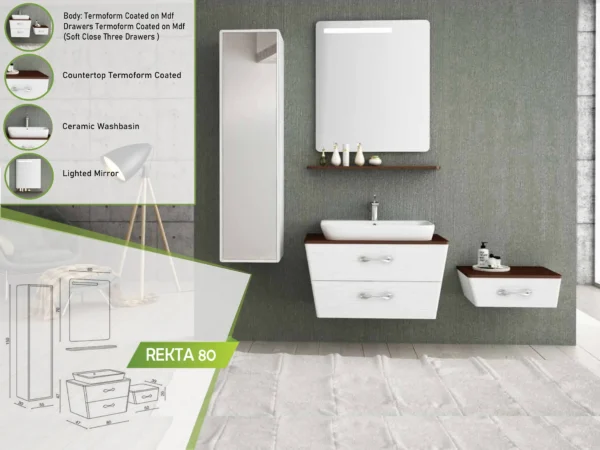 Textured white Rekta 80 vanity with soft-close drawers, alongside a tall cabinet and a lighted mirror.