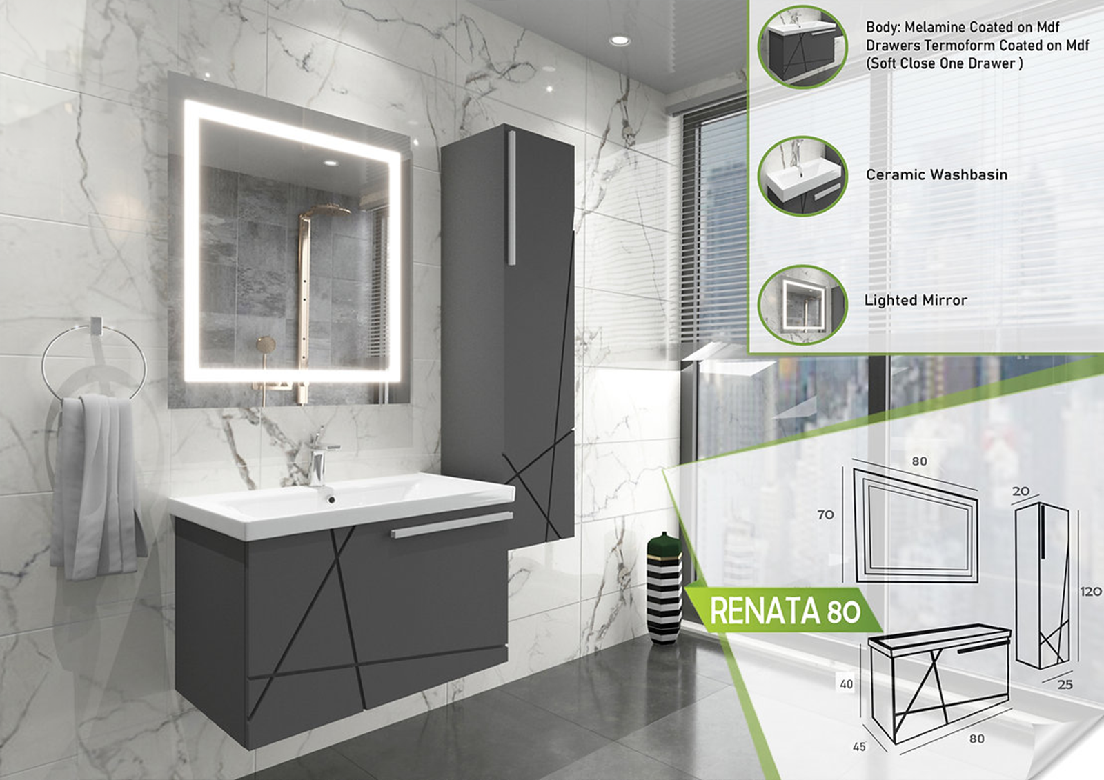 Elegant Renata 80 vanity set featuring a geometric black design, melamine coating, soft-close drawer, ceramic washbasin, and a framed lighted mirror.