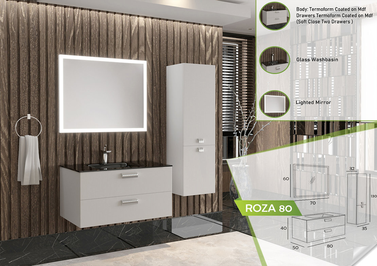 Modern Roza 80 vanity set in a striking white finish, featuring a glass washbasin, soft-close drawers, and an elegantly lighted mirror.