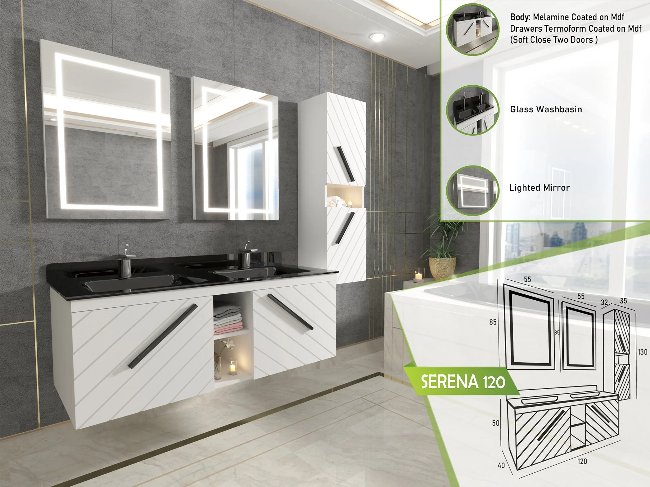 Modern white Serena 120 vanity with black countertop, dual glass basins, and matching lighted mirrors.