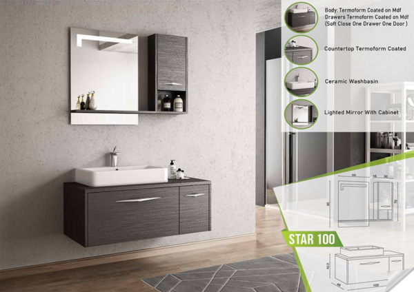 Contemporary Star 100 bathroom vanity set with a dark wood finish and an illuminated mirror.