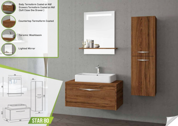 Modern 'Star 80' bathroom vanity set with a single soft-close drawer and thermoform-coated MDF body. The set includes a sleek ceramic washbasin and a rectangular lighted mirror mounted on a gray wall, complemented by a tall, slender storage cabinet.