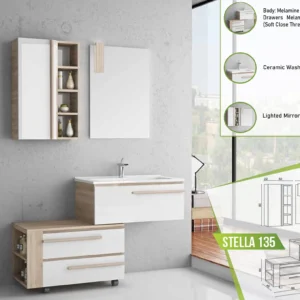 Stella 135 modern bathroom furniture set featuring light wood and white drawers with a ceramic washbasin and a lighted mirror cabinet.