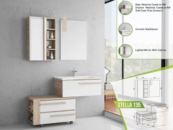 Stella 135 modern bathroom furniture set featuring light wood and white drawers with a ceramic washbasin and a lighted mirror cabinet.